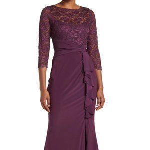 Elegant Lace Top Long Cascade Gown is size 12 by Marina, brand new with tags!